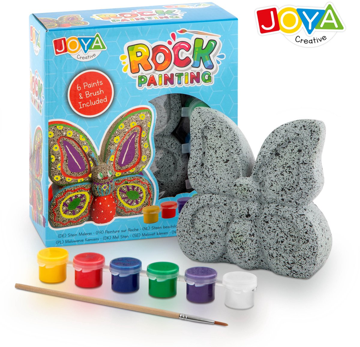 Schilderpakketten Happy Stones Vlinder - Knutselpakketten voor Kinderen - Steen in Vorm van Vlinder - 6 Kleuren Verf en Penseel - Joya Creative