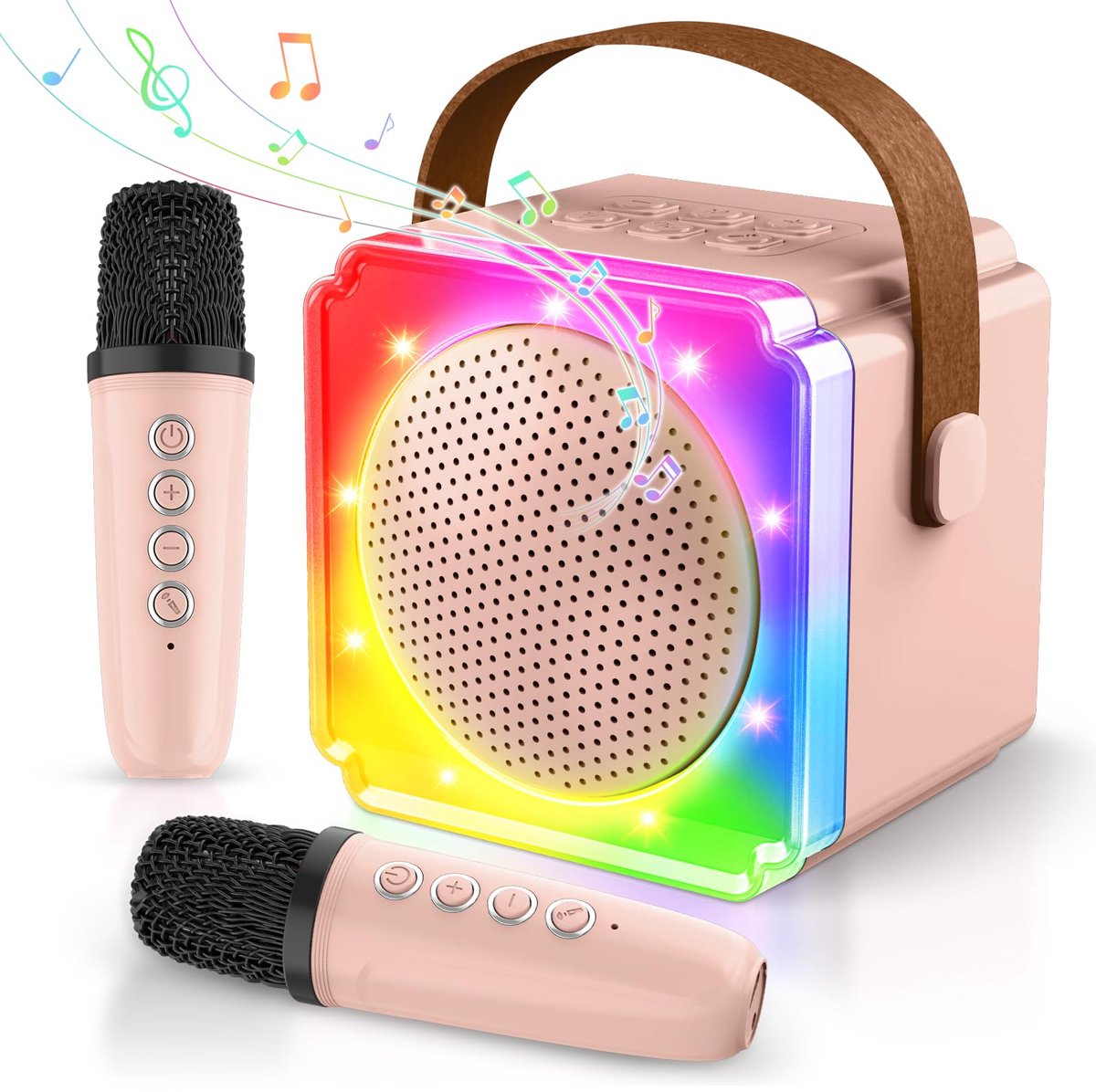 Karaoke Set voor Kinderen met Bluetooth Speaker – Met 2 Draadloze Microfoons, LED-verlichting, Geluidseffecten – Feest, Cadeau voor Meisje, Jongen, Kinderen 3+ jaar – Roze