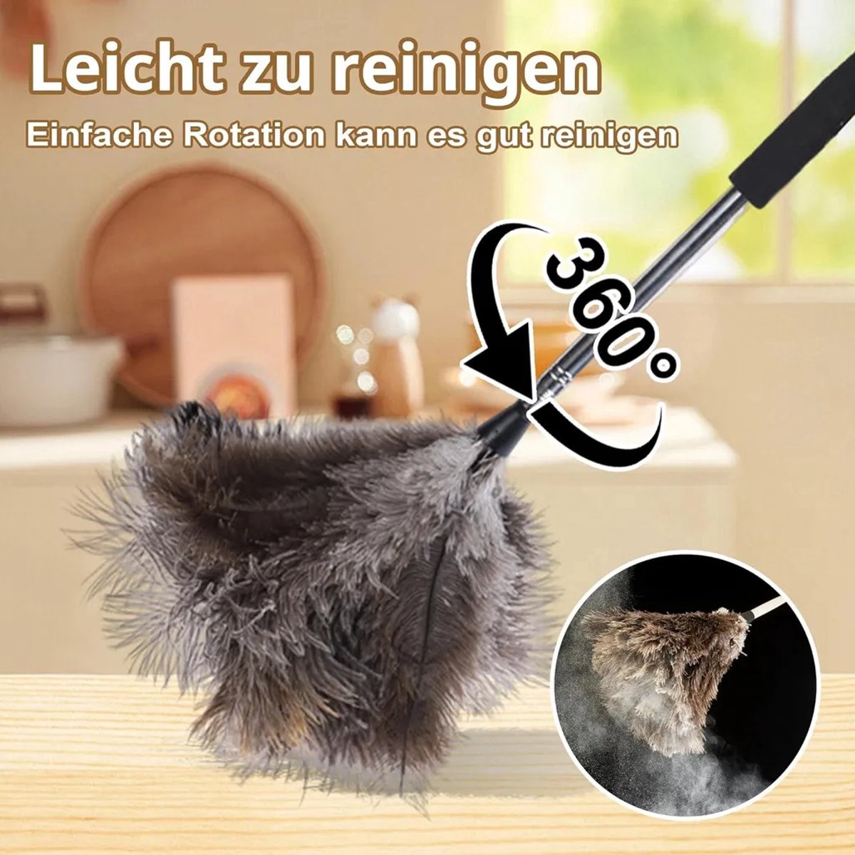 Uitschuifbare struisverenstofdoek - Lange, uitschuifbare stofdoek, wasbaar, antistatisch, perfect voor het reinigen van hoge oppervlakken, plafondventilatoren en delicate meubels (1,15 meter).