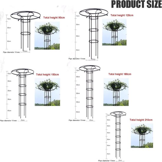 Productafmetingen van witte plantenobelisken, 90-210cm hoog, 11mm pijpdiameter.