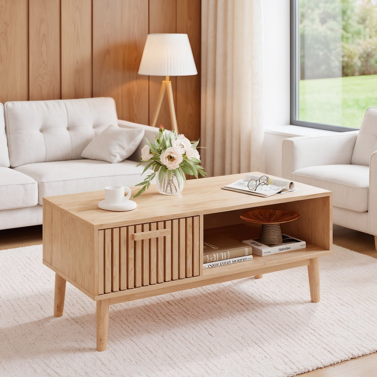 Salontafel 100x50x43cm, gemaakt van rotan met een lade en open opbergruimte, houten poten, een veelzijdig meubelstuk voor de woonkamer - Naturel