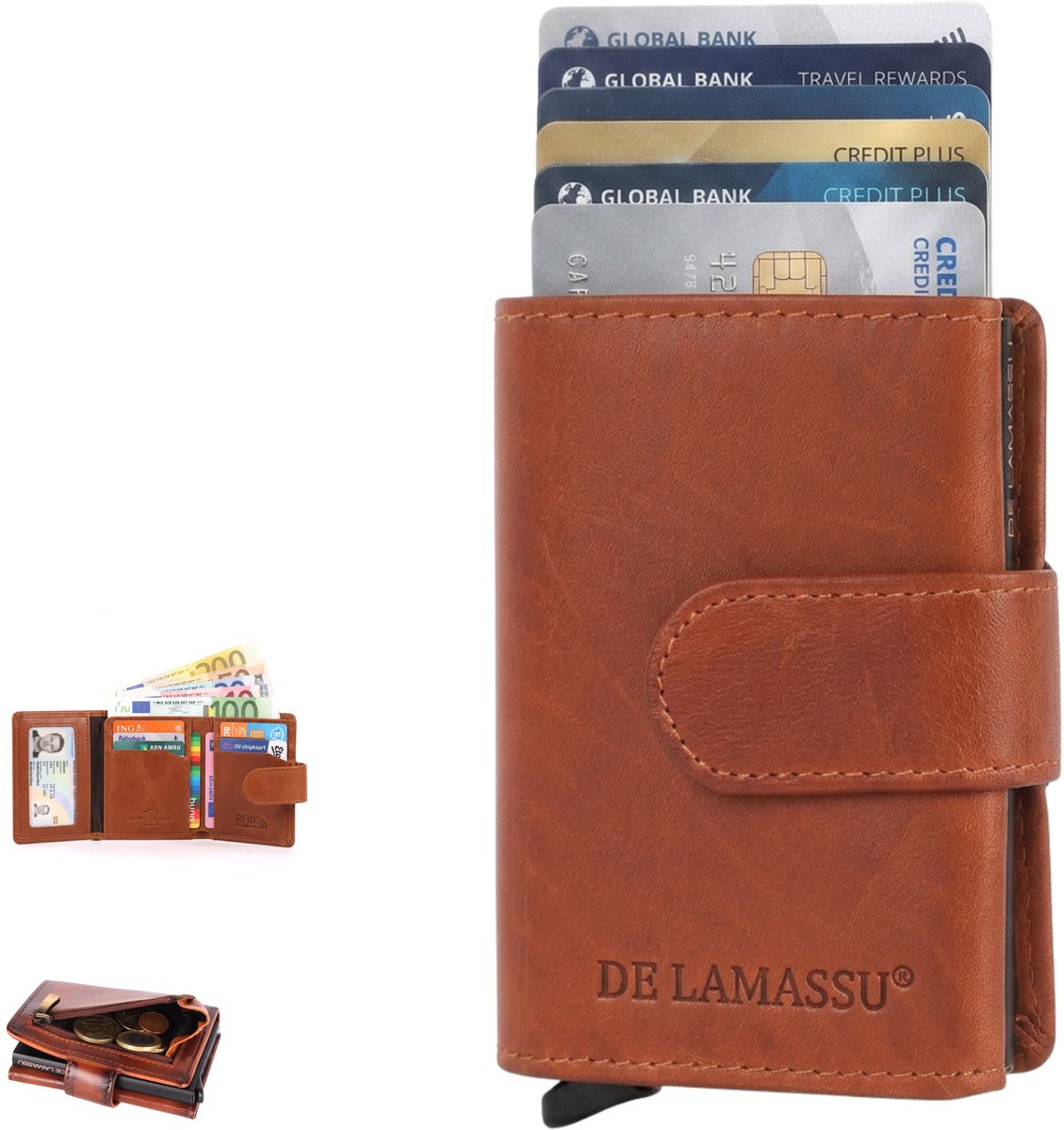 DE LAMASSU® (Roman) RFID Portemonnee met Pop-Up Kaarthouder – Echt Leer & Aluminium – Compact & Veilig – Unisex – Luxe Geschenkverpakking