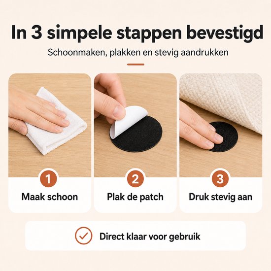 Drie stappen: 1. Maak schoon, 2. Plak de patch, 3. Druk stevig aan. Klaar voor gebruik.