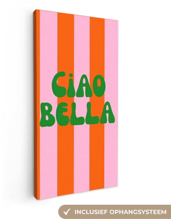 Canvas schilderij 20x40 cm - Exclusieve wanddecoratie Strepen - Oranje - Verticaal - Ciao bella - Muurdecoratie woonkamer - Slaapkamer decoratie - Kamer accessoires - Schilderijen op canvas