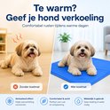 Vergelijking: hond zónder koelmat te warm, hond mét koelmat comfortabel. Tekst: Te warm? Geef je hond verkoeling.