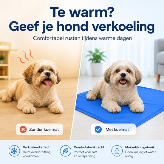 Vergelijking: hond zónder koelmat te warm, hond mét koelmat comfortabel. Tekst: Te warm? Geef je hond verkoeling.