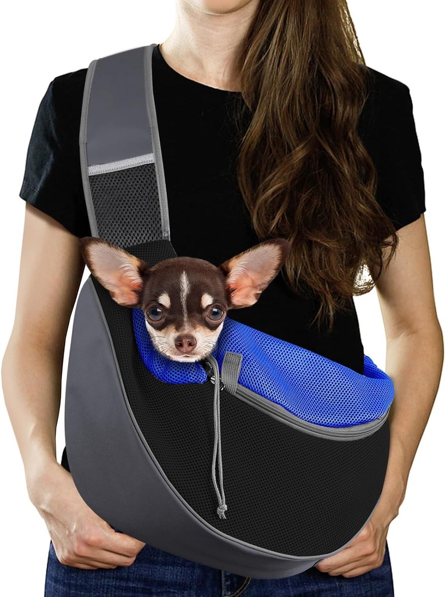 Handvrije ademende mesh hondendraagzak voor puppy's en katten, verstelbare riem en zak, ideaal voor buitenreizen met je huisdier, M, indigo
