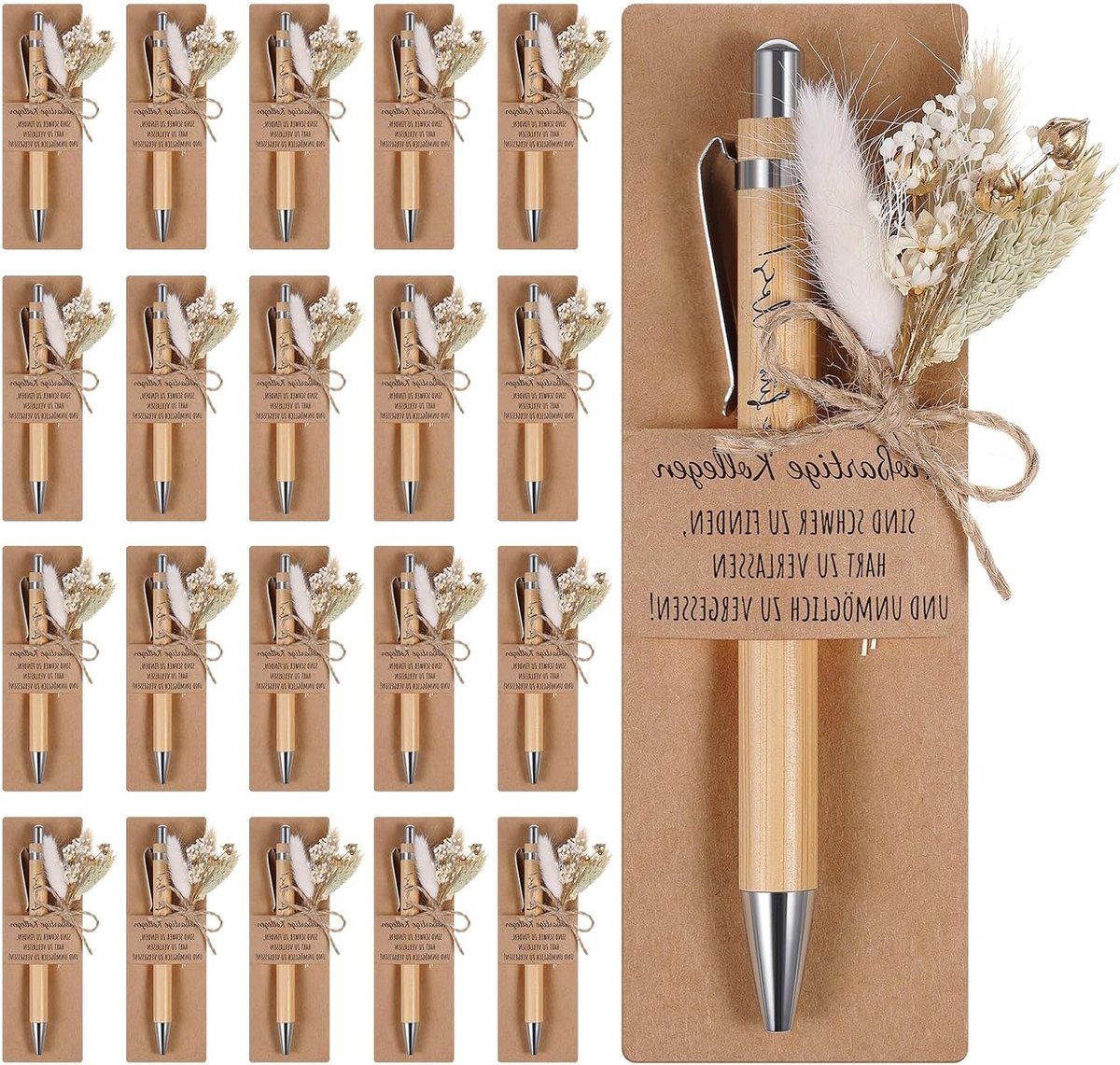 Cadeaus met Houten Balpen en Gravering, Boeket Echte Gedroogde Bloemen, Papieren Penhouder voor Afscheid Leraar, Collega of Vriend (20 Sets)
