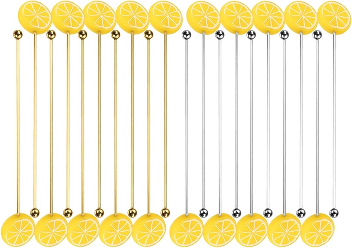 Koffie Roerstaafjes Metaal - Drankmixer Herbruikbaar - Dranken Mengen - Citroen Fruit Top Design - 10 Stuks - Zilver