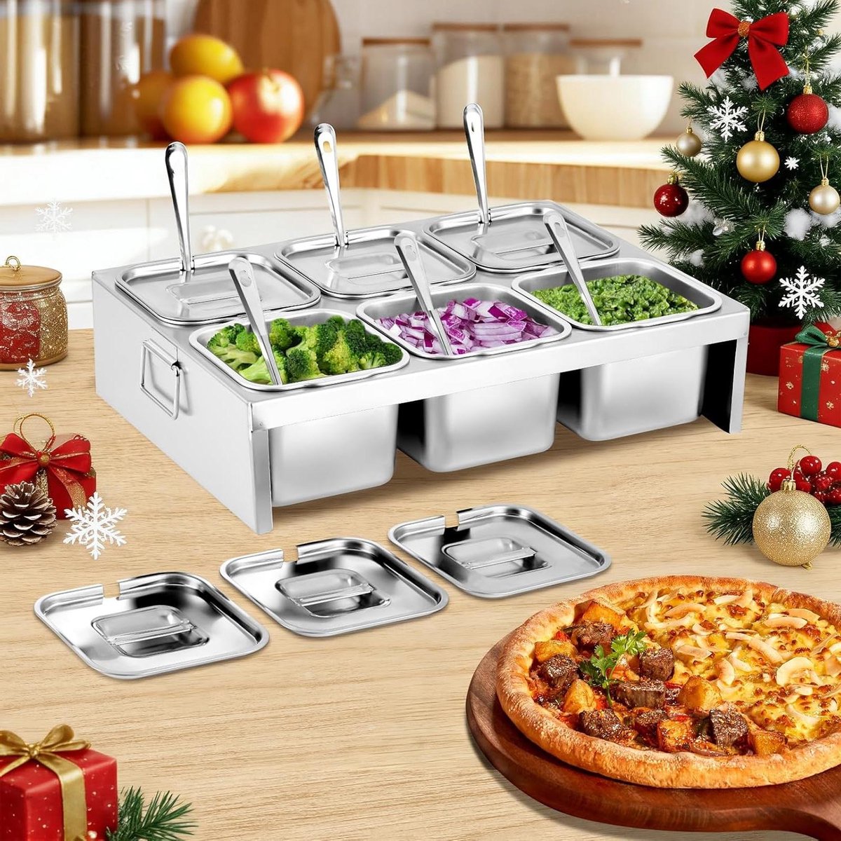 Pizza Topping Station - Pizzabar Toppings - Pizza Bereiden - Roestvrij Staal - 6 Bakjes - Zilver