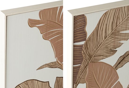 Gros plan sur deux tableaux avec des feuilles de bananier marron et des bordures blanches.