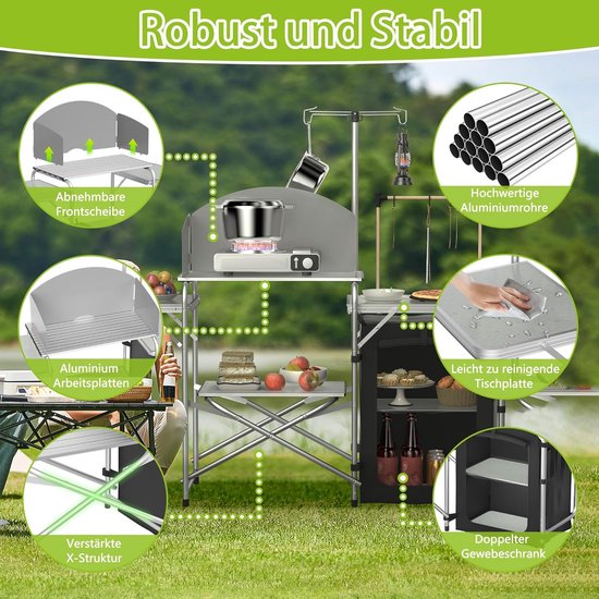 Camping Keuken - Outdoor Keukentje - Buiten Koken - Inclusief Windscherm - 146 x 46 x 141 cm - Zilver van Camping — afbeelding 2