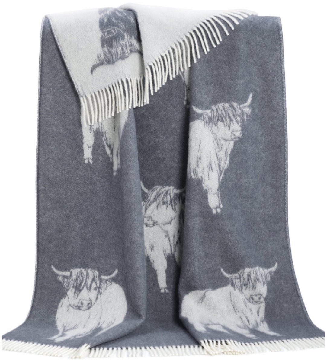 JJ Textile Wollen Plaid - HIGHLAND COW (Grijs) 130x190cm - Made in UK