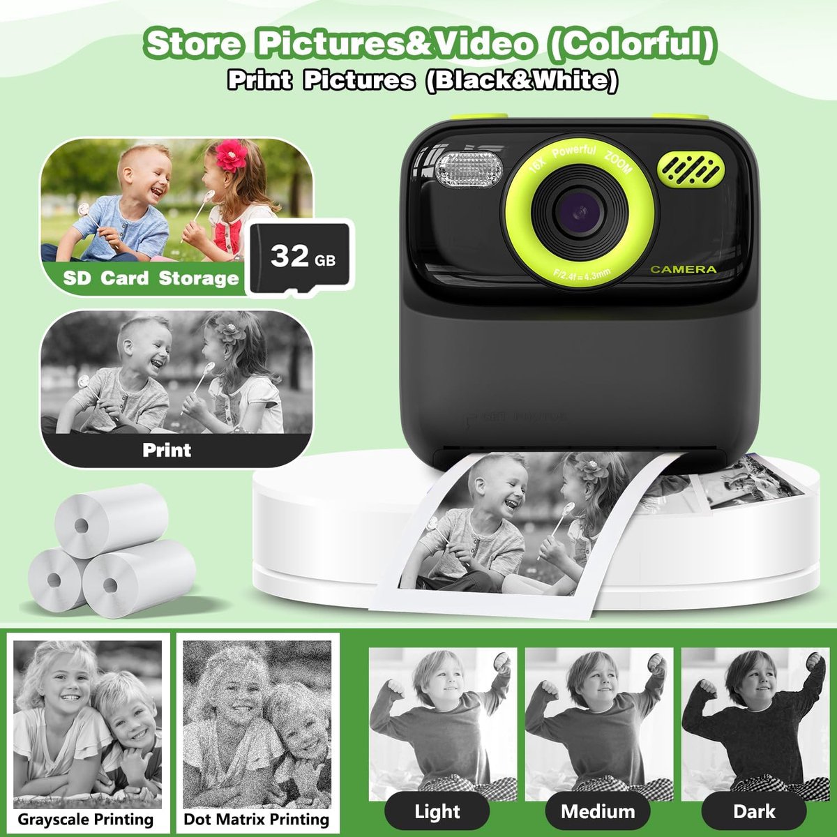 Digitale camera – Digitale camera voor kinderen met directe printfunctie – Ontwerp met dubbele lens – Unisex – 1080P HD-camera met dubbele lens voor selfies – Inclusief printpapier & 32GB-geheugenkaart–Cadeau voor jongens en meisjes – Zwart & groen thumbnail 3