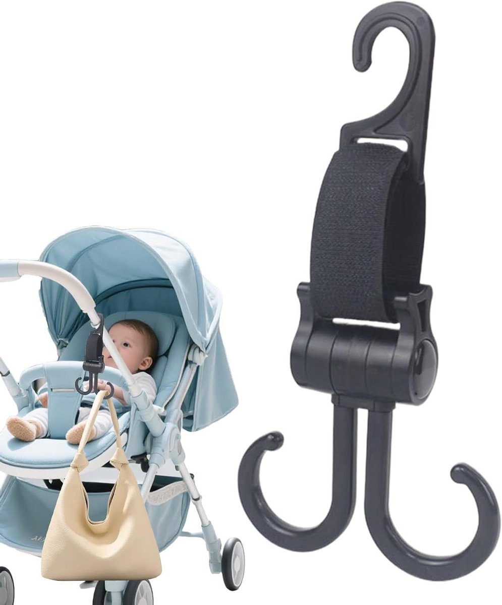 Kinderwagen hanger - Bevestigingen en haken - Tassen organiseren - Dubbel antislip draaibaar - 17 x 10 x 4 cm