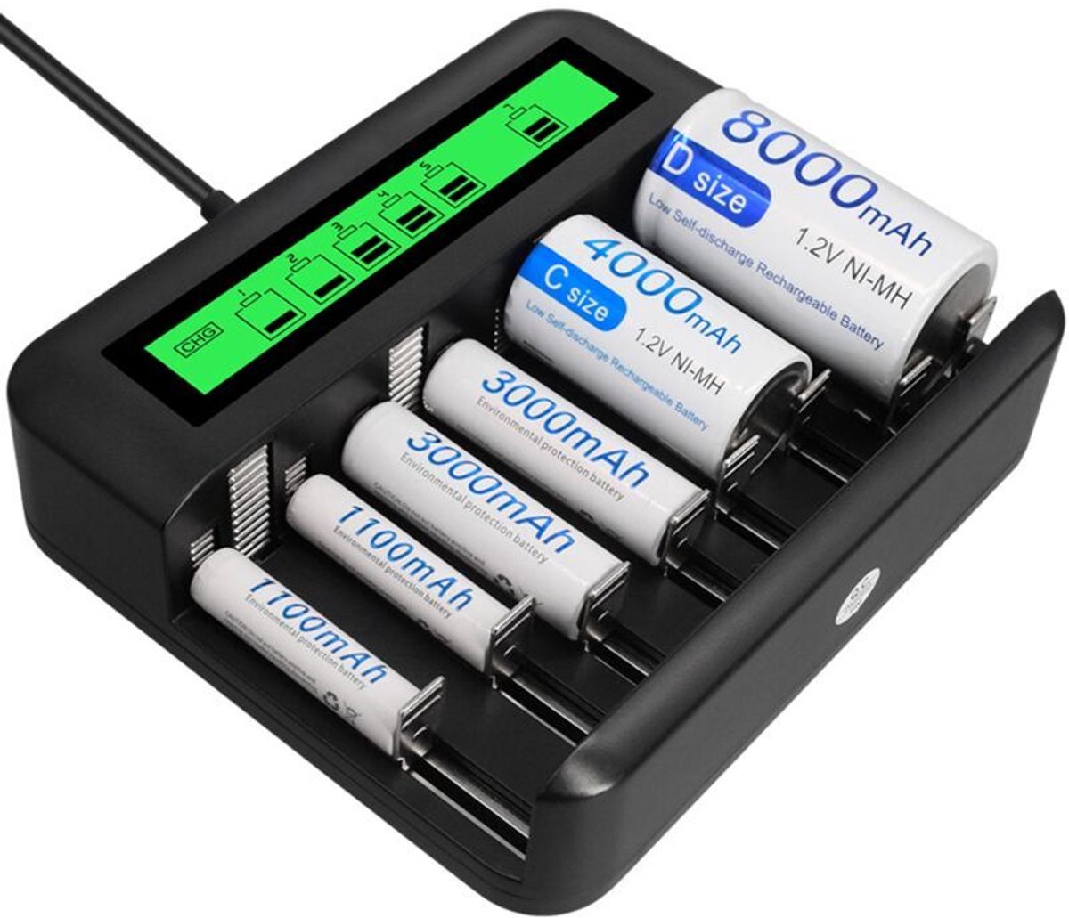 Ontwerp met 8 sleuven voor acculaders met lcd-scherm en USB-poorten.
