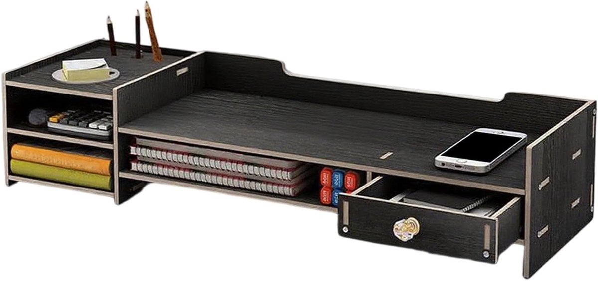Monitor Verhoger - Bureau Organisatie - Werkplek Verbeteren - Drielagig Opbergsysteem - 63.5x20x13.5 cm - Zwart