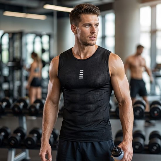 Zwart wielren sport ondershirt heren mouwloos fietsshirt ademend sneldrogend hoge rekbaarheid ronde hals basislaag tanktop voor fietsen gym fitness training outdoor sport Size M — afbeelding 4