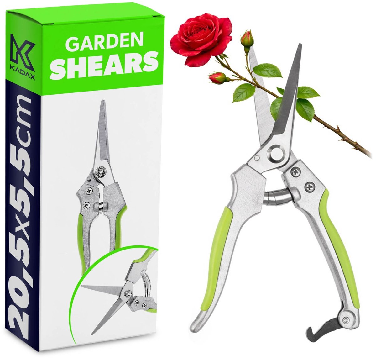 KADAX rozenschaar van koolstofstaal, snoeischaar, precisietuinschaar met 65 mm slank blad, bloemenschaar, plantenschaar met antisliphandgreep, gewasschaar