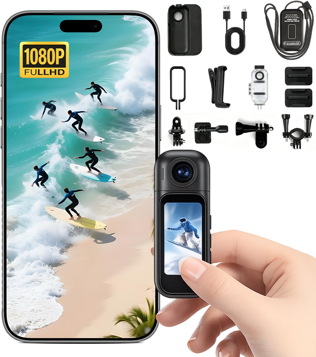 1080P Mini Action Camera met Wifi, 1,47” Touchscreen & 180° Draaibare Lens – Magnetische Bodycam met Oplaadcase, 30M Waterdicht, 120° Groothoek, Gratis App Bediening voor Motor, Fiets & Vloggen