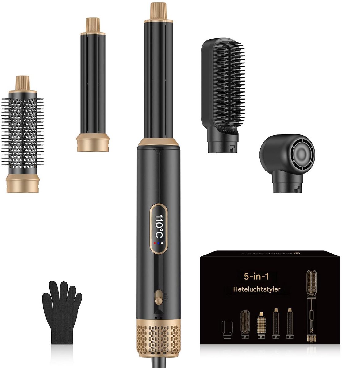 carmdering - Hairstyler - Krultang - Luchtkruller - 5-in-1, 3 temperaturen, negatieve ionen - Met 2 automatische krulkoppen (links/rechts), stijltang en borstels - Alleen 100-120V - Voor alle haartypes - Stijl haar, krullen en volume - Zwart