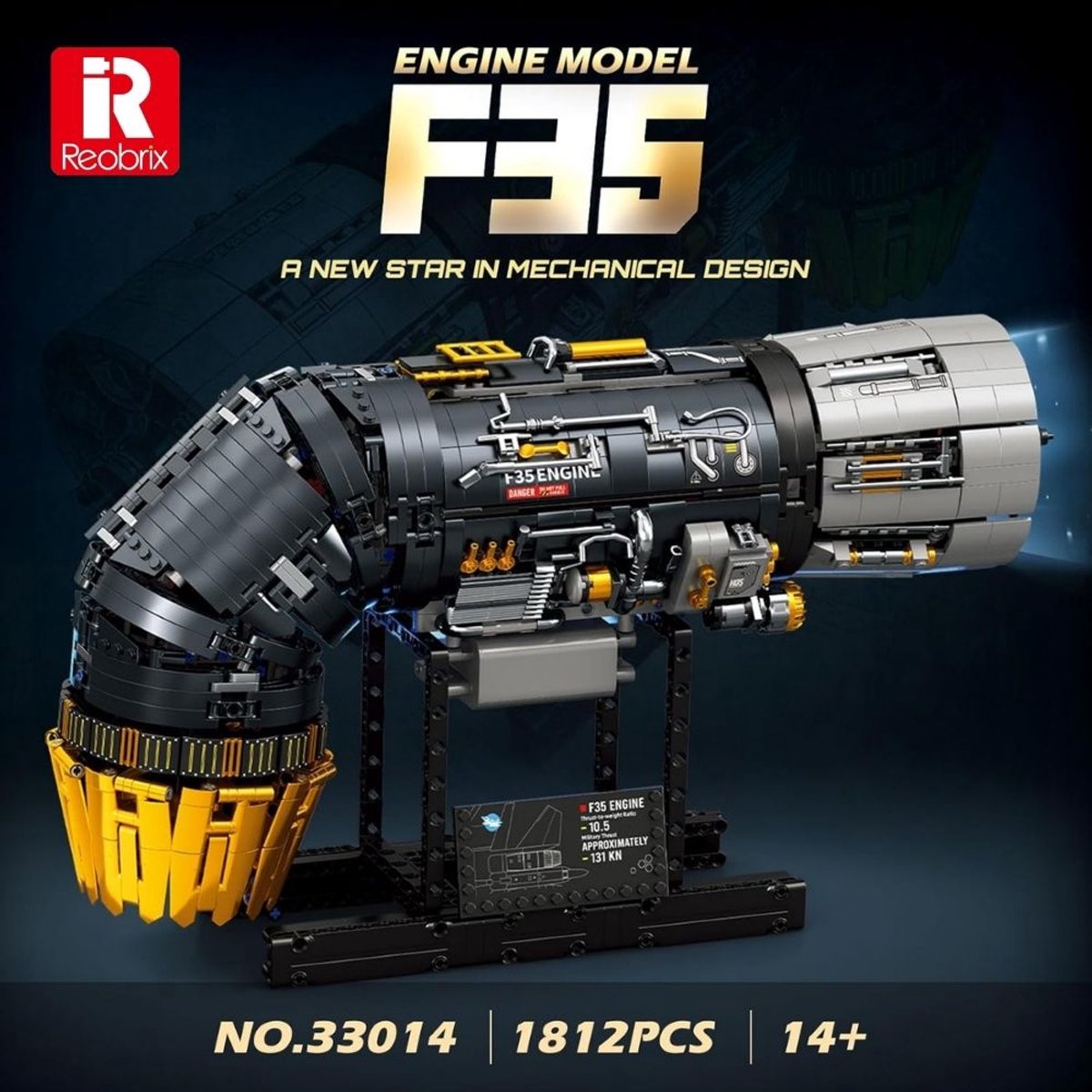 Reobrix 33014 F35 Straaljager vliegtuig motor bouwset | Speed engine icons modelbouw | Creator speelgoed ideas voor expert volwassenen & kinderen | Champions builders edition | Accu niet geschikt voor Lego technic | Bouwdoos met 1812 bouwstenen — afbeelding 2