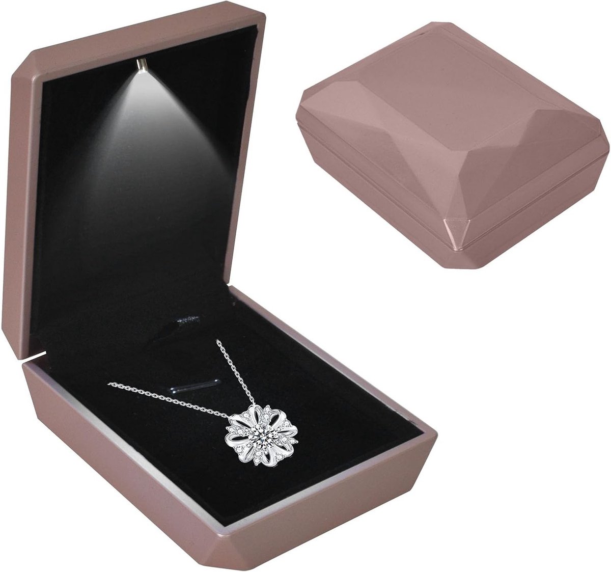 Sieradenopbergdoos met LED-verlichting voor kettingen, armbanden en ringen, ideaal als cadeau voor verlovingen en speciale gelegenheden, 7 x 9 x 3.2cm, in rosegoud