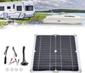 Zwart zonnepaneel met wit frame, vier oogjes en een set kabels. Achtergrond toont camper en boot.