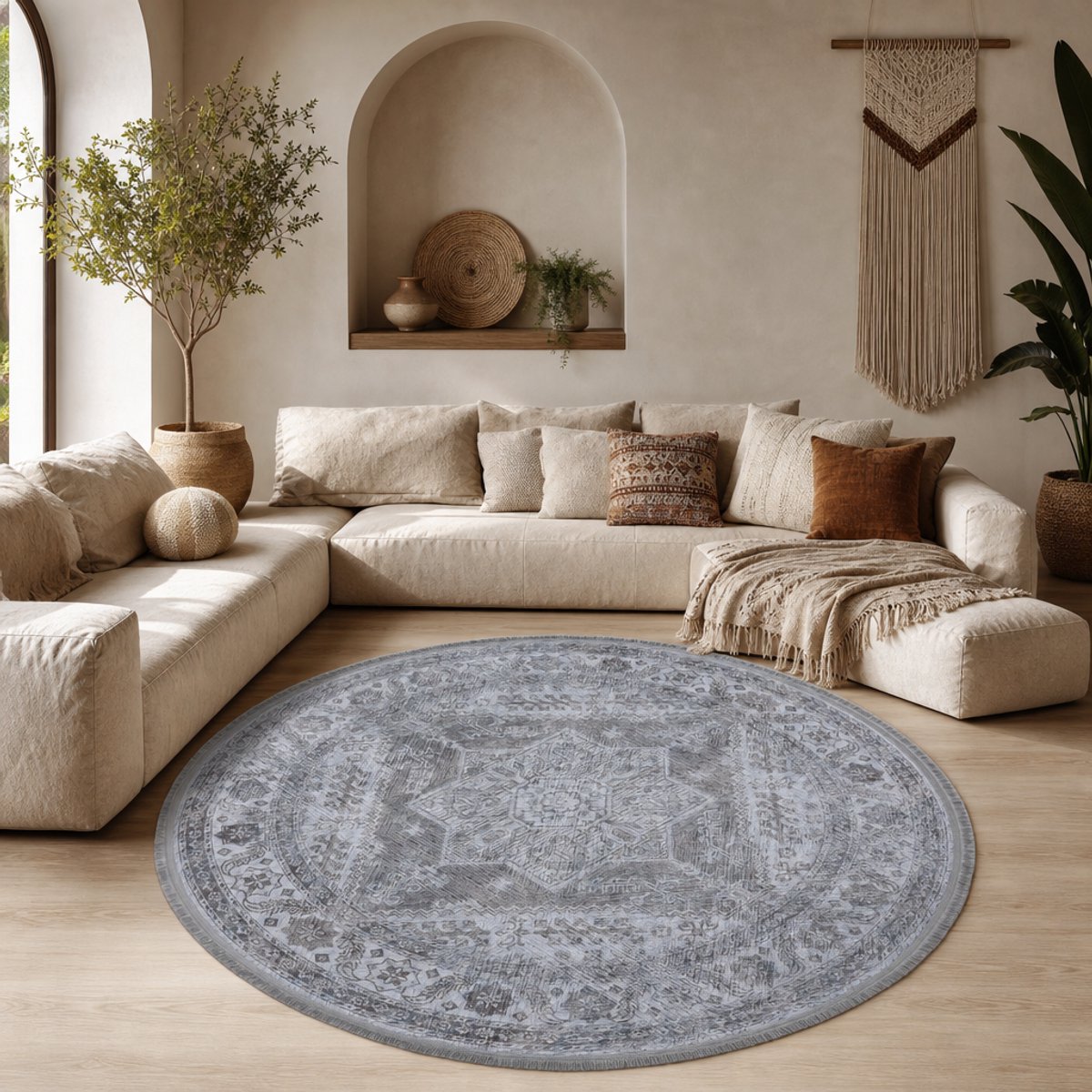 Muratap Star Rond Vintage Vloerkleed Wasbaar Grijs Beige- 160 CM Ø