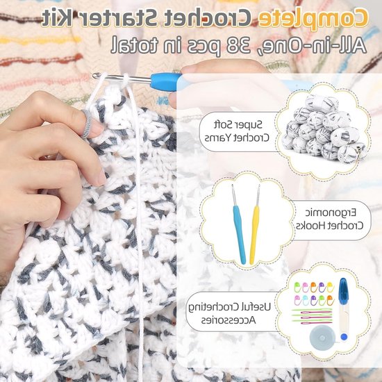 Haakset voor Beginners: Sjaal, Muts en Handschoenen in Grijs en Wit - Perfect voor Creatieve Projecten en Handwerken — afbeelding 4