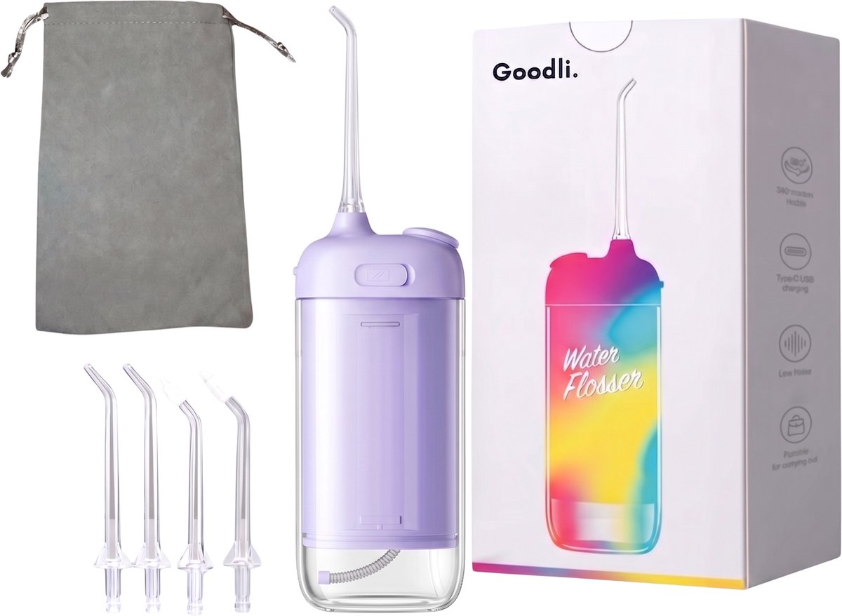 Goodli Elektrische Waterflosser Draadloos - Paars - Monddouche met 4 Standen - IPX8 Waterdicht - 60 Dagen Batterij - Tandplak Verwijderaar voor Tanden en Beugels