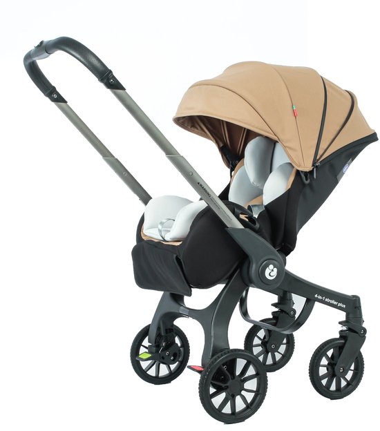 Een khaki kinderwagen met vier wielen en een zwenkbare voorbeugel.