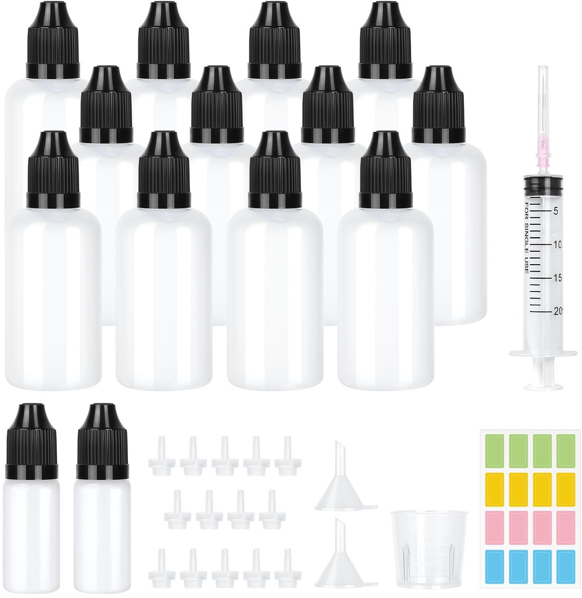 Dailygoody - 12pcs Plastic Flacons - 50ml en 10ml - Compleet set voor vloeistoffen - Inclusief spuit en maatbeker - Perfect voor olie en druppels