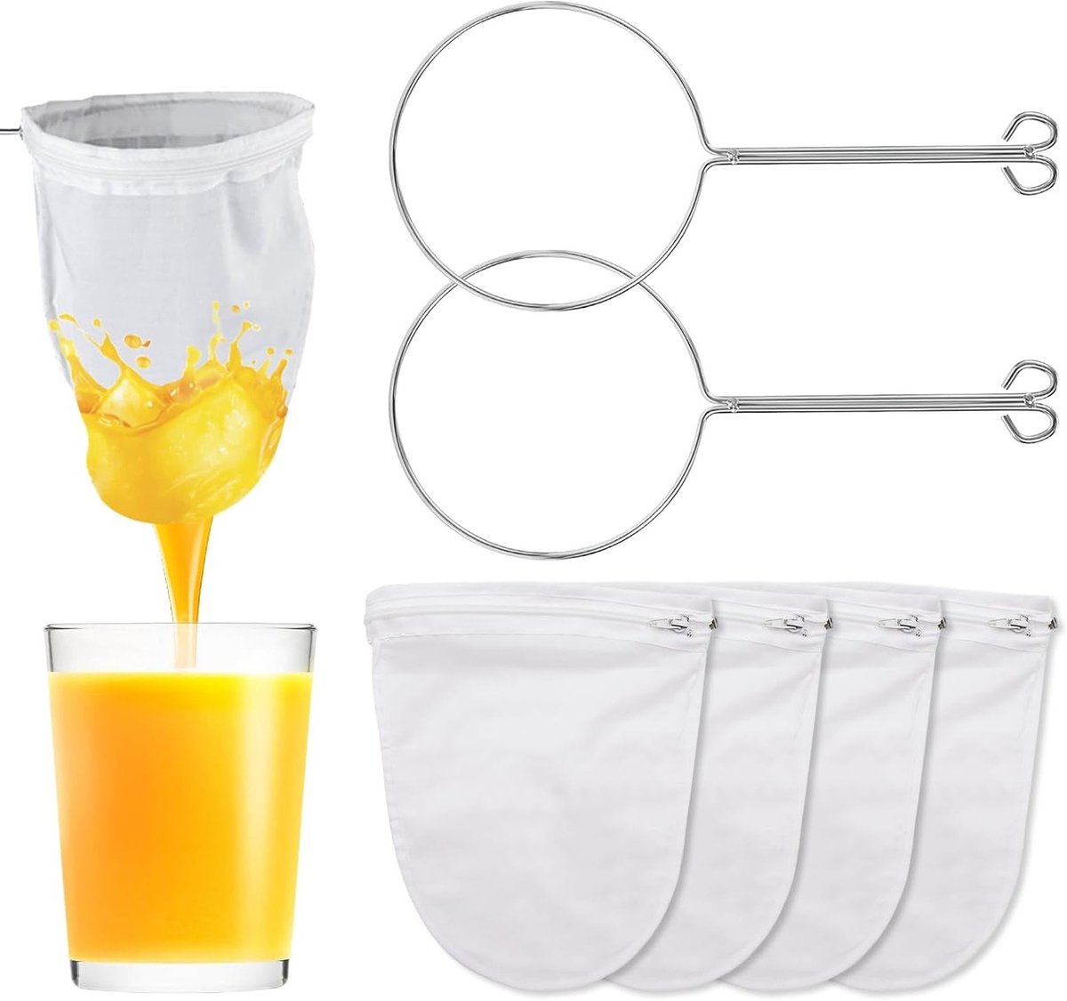 Herbruikbaar Nylon Filter met Stand, Wasbare Notenmelk Zak voor Sap, Koffie en Groentesap, Set van 4 voor Duurzaam Gebruik en Milieuvriendelijk Koken
