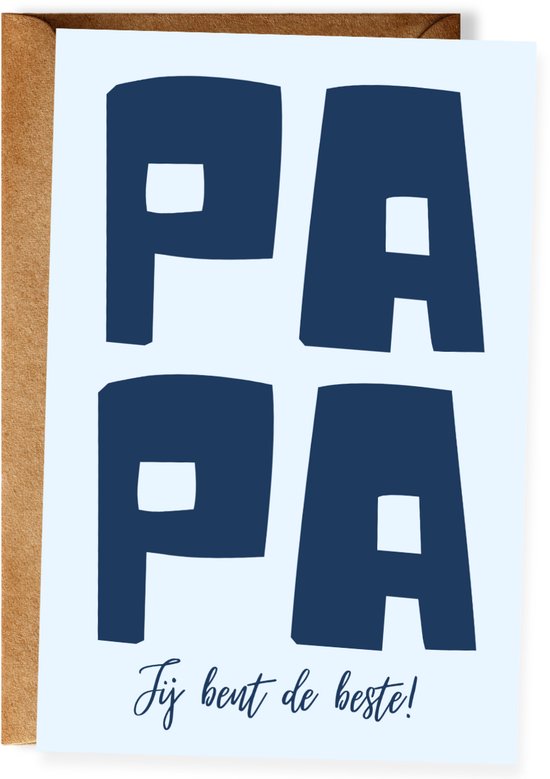Wenskaart met de tekst 'PAPA' en 'Jij bent de beste!' in een bruine envelop.
