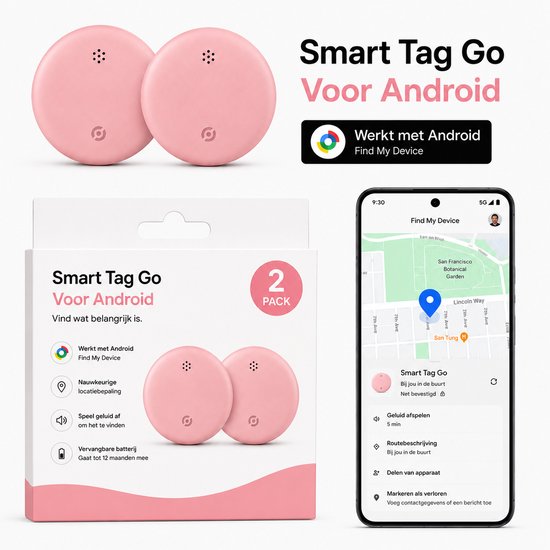 Twee roze Smart Tag Go trackers voor Android, met 'Find My Device' app.
