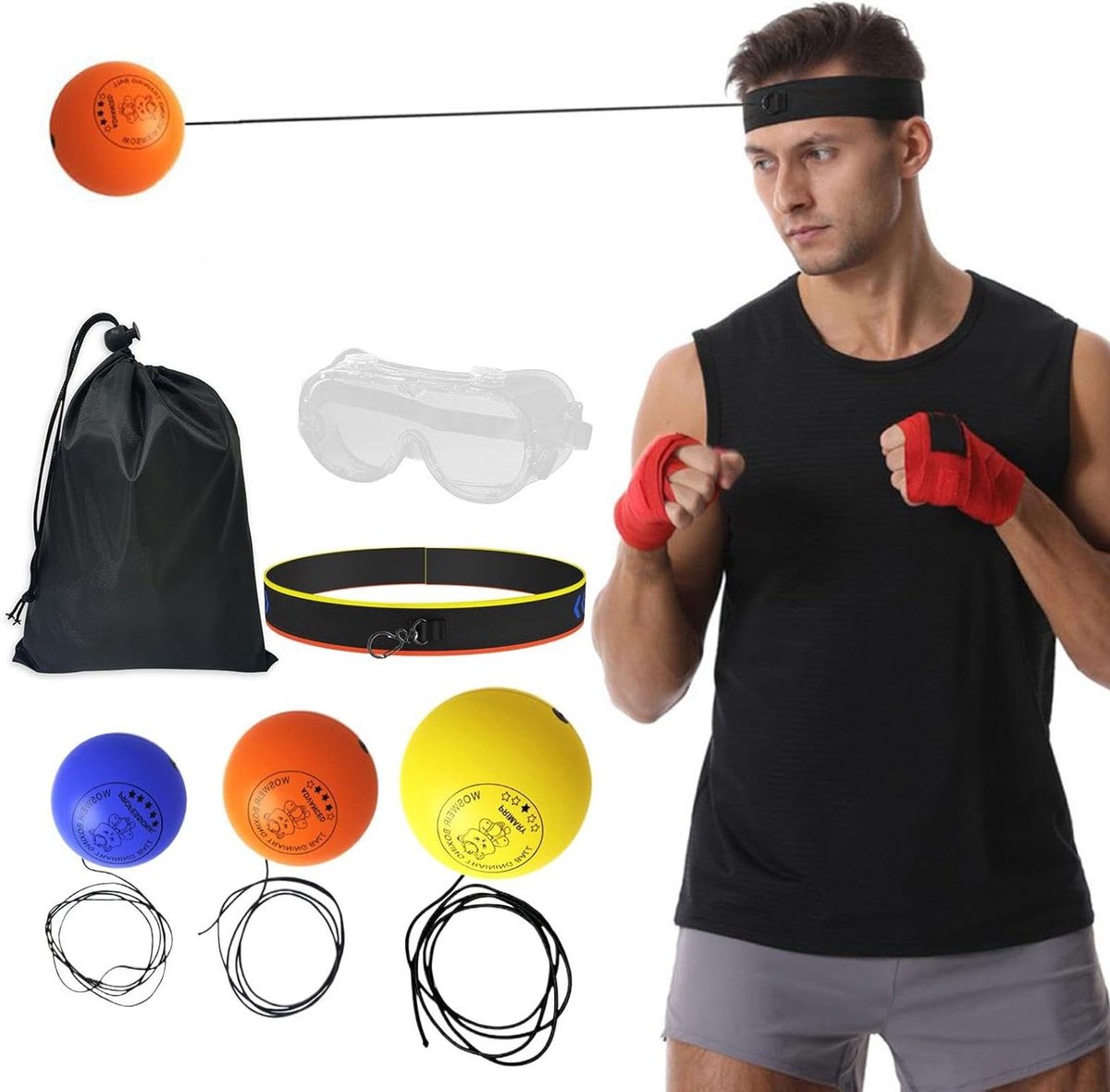 Boksbal Set - Reflex Bal - Verbeteren Reacties - Verstelbare Hoofdband - 3 Ballen - Multicolor