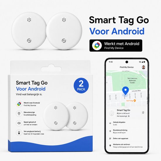 Twee witte Smart Tag Go-trackers, verpakking en smartphone met kaart. "Smart Tag Go Voor Android".