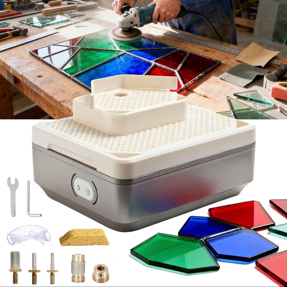 Glas Slijpmachine - Glasbewerkingstool - Randverfijning Glas - Automatische Watertoevoer - 4200 RPM - Crèmewit