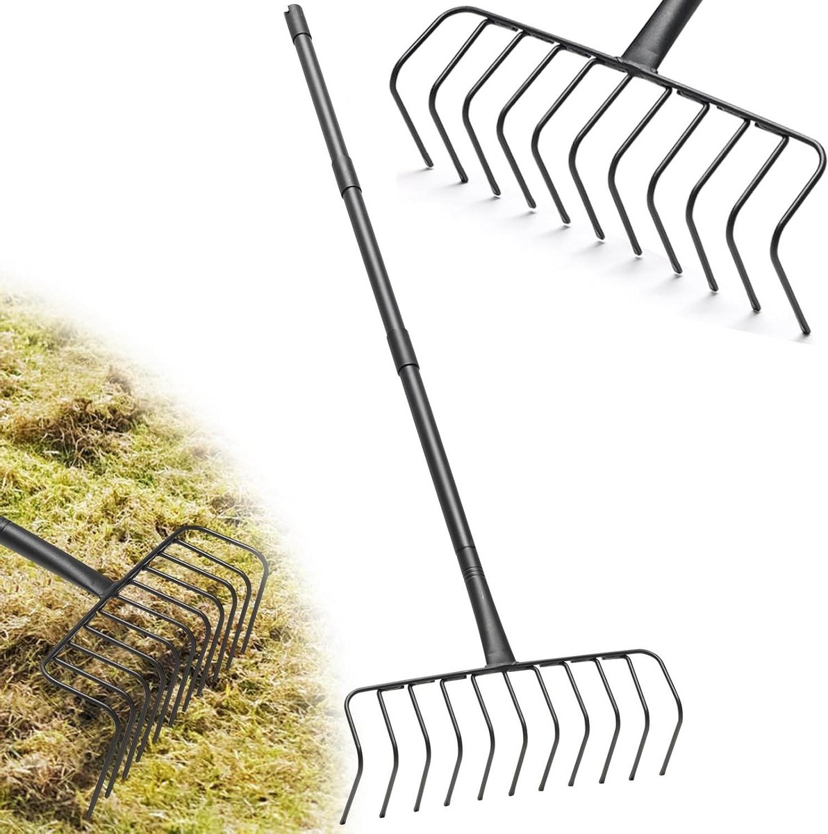 Tuinhark Zwaar - Metalen hark - Gazon Opruimen - Verstelbare steel - 42 cm kop - Metaal