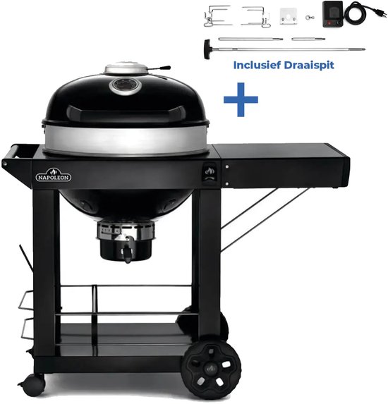 Zwarte Napoleon kettle barbecue met deksel, zilveren ring en inclusief draaispit set.