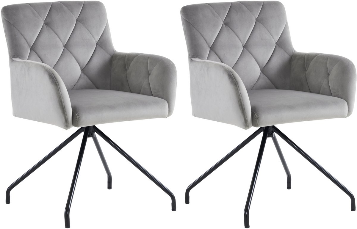 Merax Eetkamerstoelen Set van 2 – Fluwelen Stoelen met Armleuningen & Ruitpatroon – Moderne Stoel met Metalen Poten – Lichtgrijs