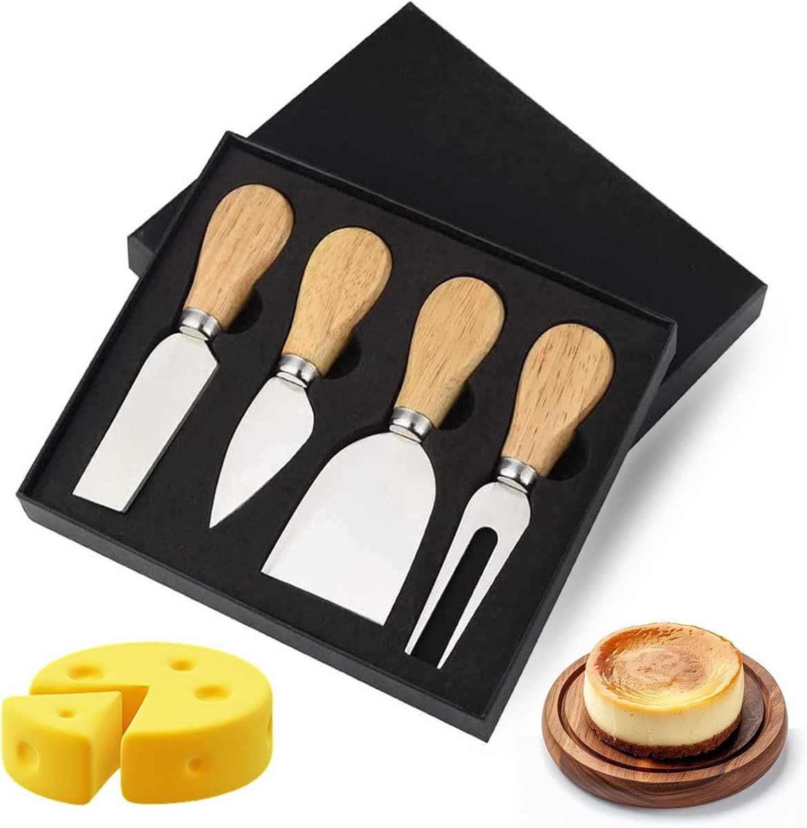 4-delige kaasmessen set – Mini kaasmessen, houten greep, kaasspatel, RVS, cadeauset