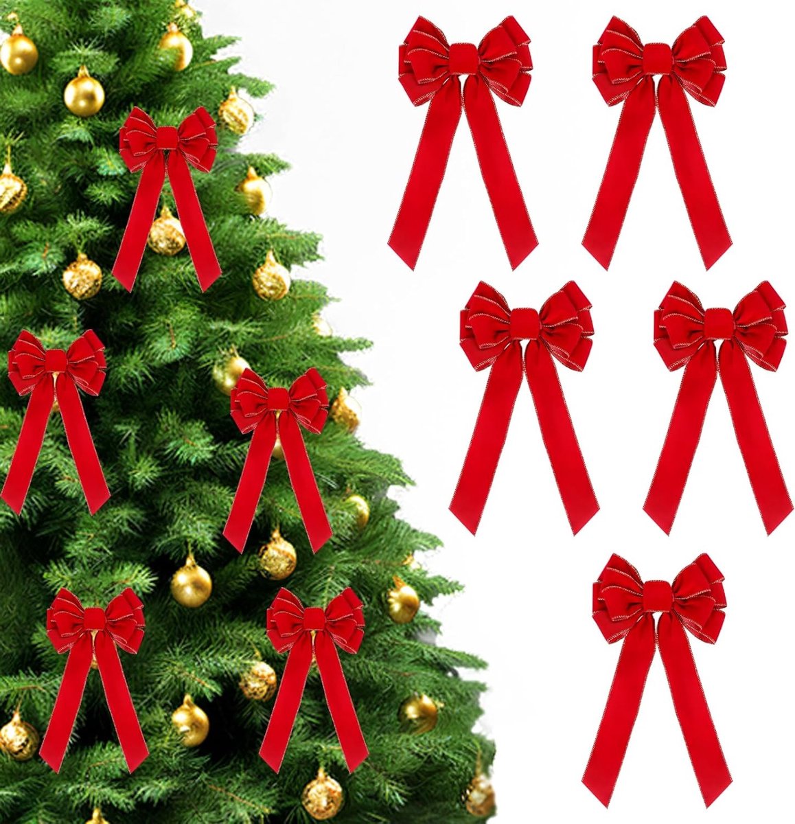 5 Stuks Rode Fluwelen Kerststrikken met Gouden Rand - Grote Draadstrikken voor Kransen, Deuren, Cadeaus en Kerstbomen - Binnen en Buiten Versiering met 10 Lussen