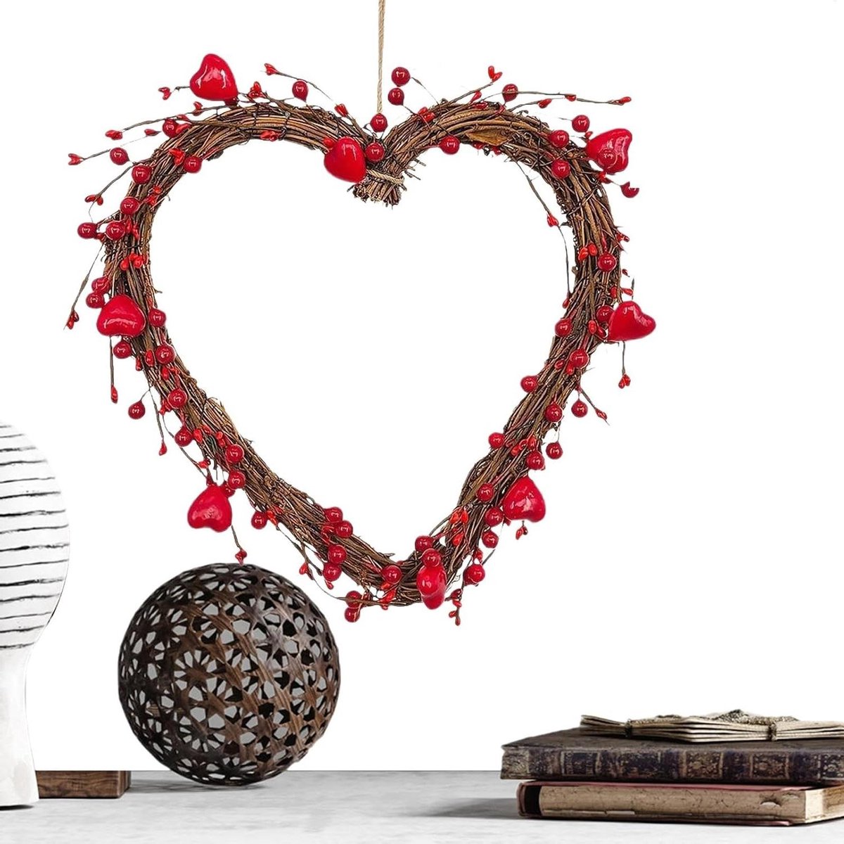 Valentijnsdag Krans - Hartvormige Krans - Romantische Decoratie - Met Rode Bessen - 30 cm Diameter - Rood