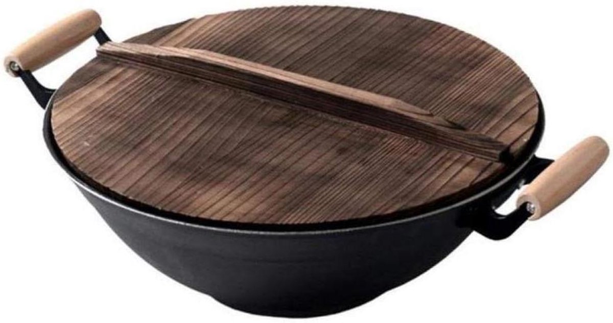Wok Koekenpan - Gietijzeren pan - Koken - Ongecoat - 32 cm - Zwart