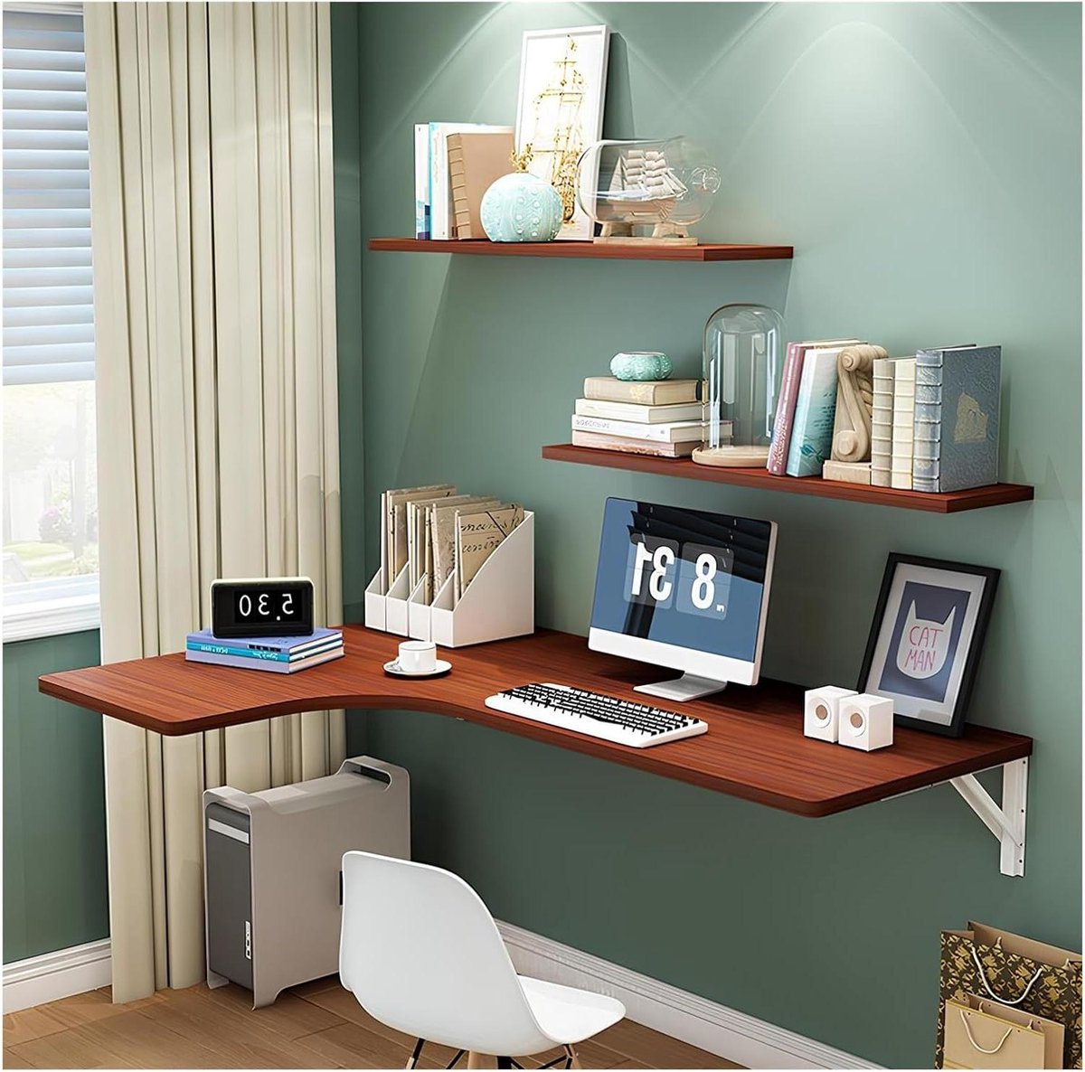 Zwevend Laptopbureau - Wandtafel Opklapbaar - Ruimte Besparen - Stabiel Gelakt Frame - 80x60x35cm - Teak
