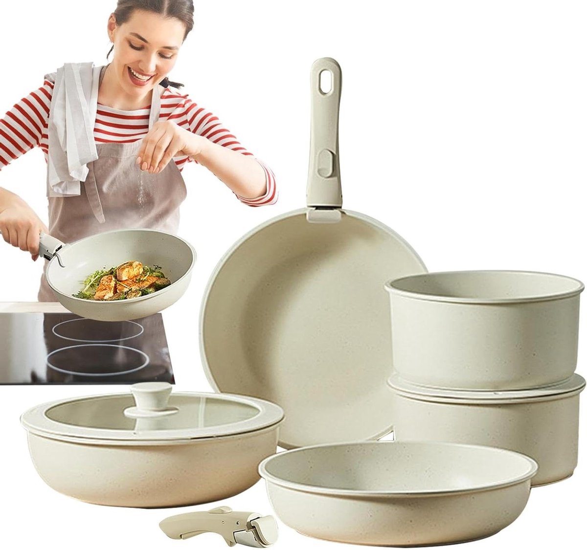Pannenset - Kookgerei set - Thuis koken - Afneembare handgrepen - 9-delige set - Crèmewit