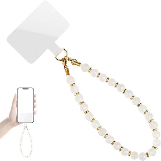 Bracelet de téléphone avec perles blanches et accents dorés, avec un support de téléphone transparent.