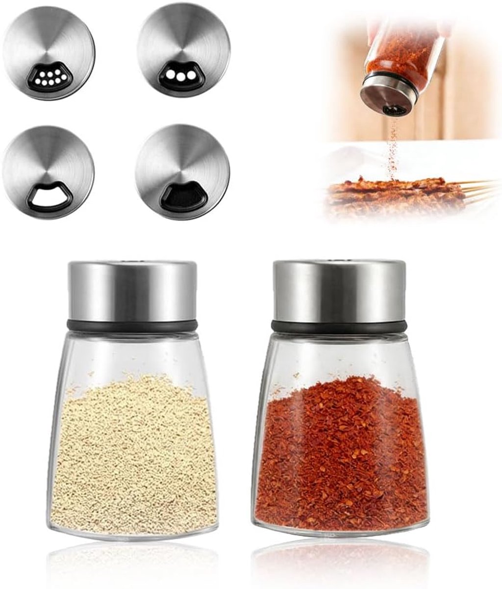 180ml Glazen Kruidenpotjes - Met 3 soorten kruidengaten - Kruidenglazen met draaidek - Doorzichtige kruidenpotjes - Zout en peperstrooiers - kruidenpotjesset - keuken - Voor reizen, kamperen, wandelen, barbecueën, picknicks - Zwart
